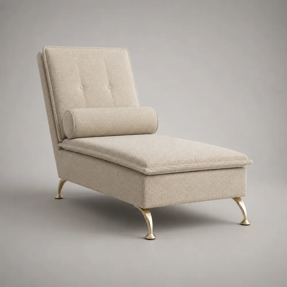 Chaise longue divano 165 cm x 75 cm x 85 cm in tessuto bouclé beige con imbottitura in schiuma struttura in legno gambe in metallo finitura oro