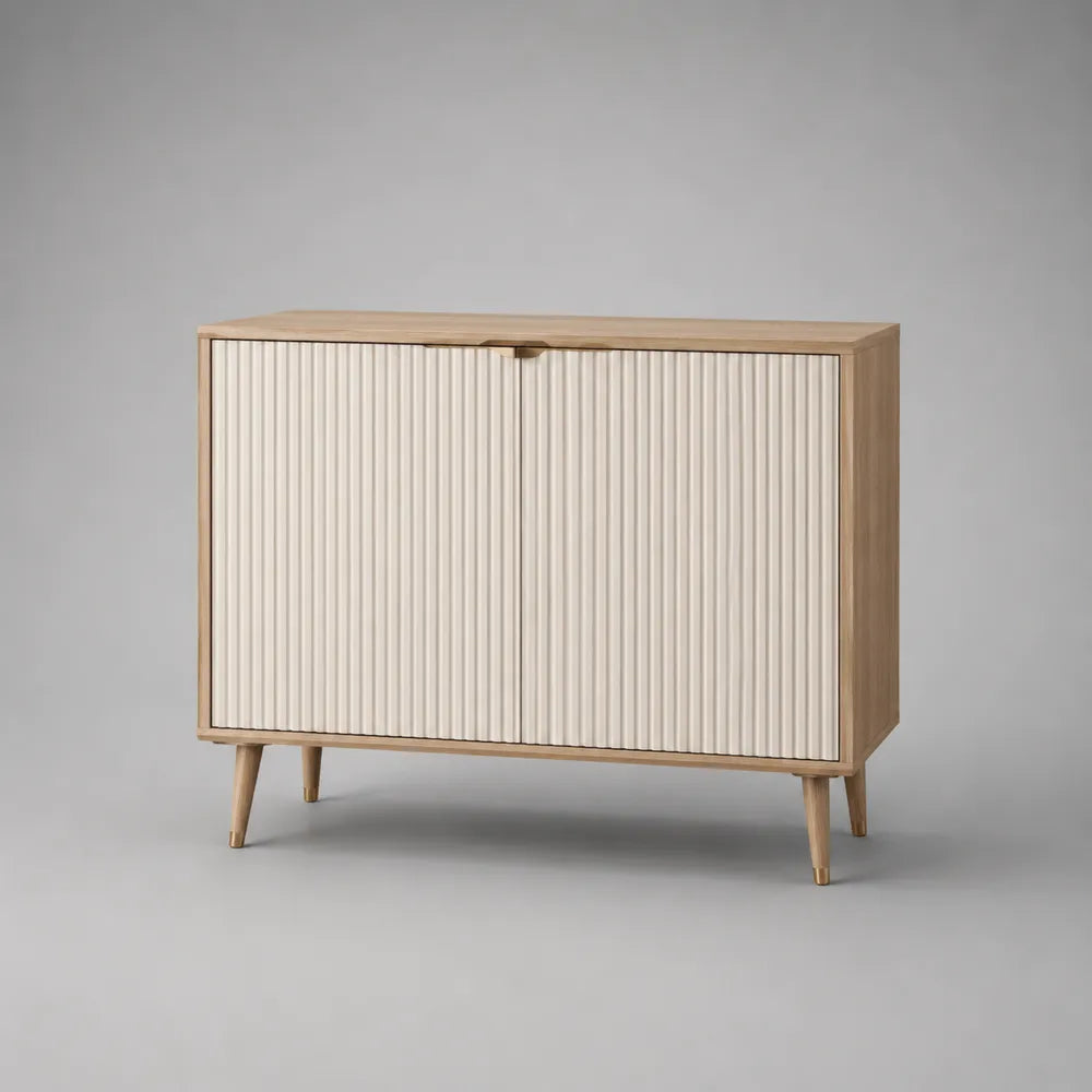 Credenza 120x40x80 cm due ante MDF effetto rovere chiaro frontali scanalati crema gambe in legno massello design moderno
