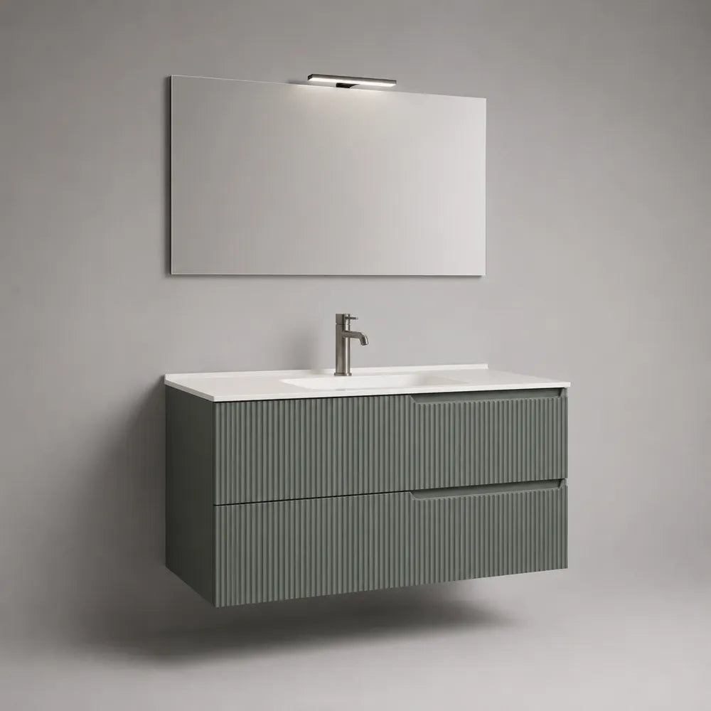 Mobile bagno sospeso con lavabo in ceramica e specchio LED con doppio cassetto 80 x 46 x 55 cm frontali verdi rigati