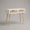 Consolle ingresso 100 cm x 35 cm x 80 cm in MDF bianco con 2 cassetti frontali in rattan naturale gambe in legno con rinforzi metallici oro struttura rettangolare