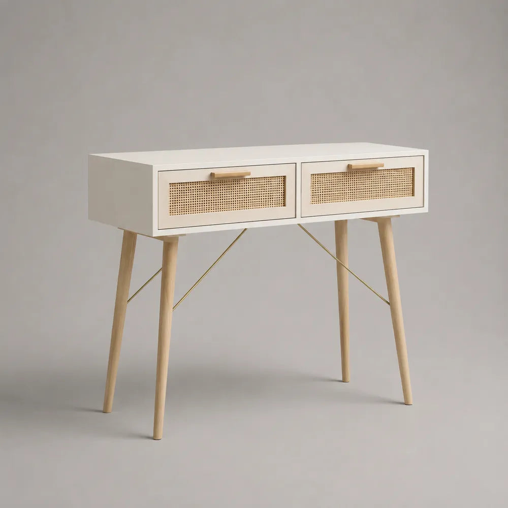 Consolle ingresso 100 cm x 35 cm x 80 cm in MDF bianco con 2 cassetti frontali in rattan naturale gambe in legno con rinforzi metallici oro struttura rettangolare