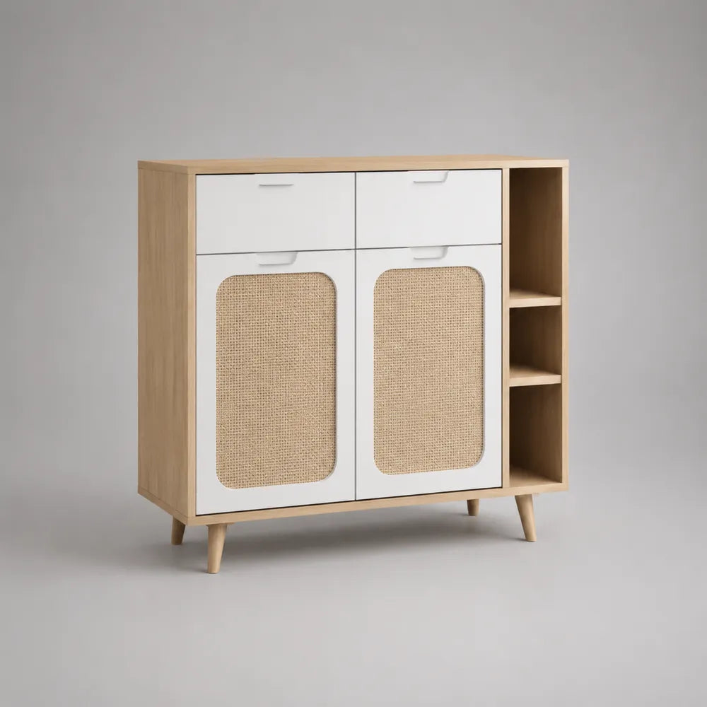 Credenza 100x40x85 cm in legno effetto rovere chiaro con 2 cassetti 2 ante con inserti in fibra intrecciata e vani laterali aperti struttura rettangolare
