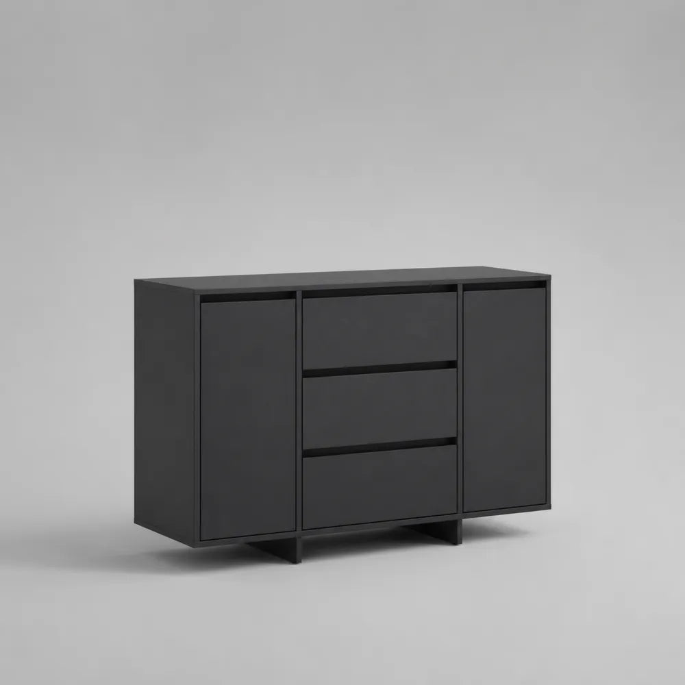 Credenza moderna con 2 ante e 3 cassetti MDF melaminico nero opaco rettangolare 140 x 40 x 85 cm