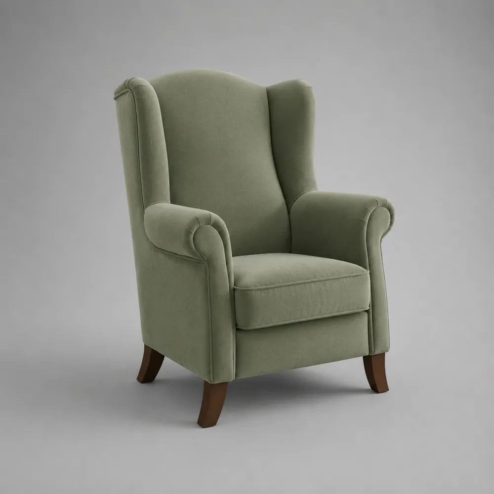 Poltrona da soggiorno imbottita in tessuto verde con braccioli e gambe in legno massello 78 x 85 x 105 cm