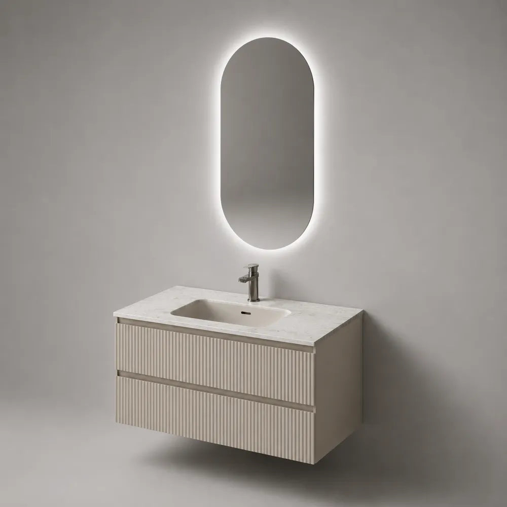 Mobile bagno sospeso con lavabo integrato e specchio LED ovale 80 x 46 x 55 cm frontali beige rigati