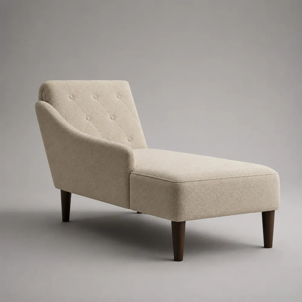 Chaise longue singola imbottita in tessuto beige con gambe in legno massello 160 x 70 x 85 cm