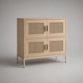 Credenza con 4 ante in rattan MDF effetto rovere chiaro gambe in acciaio verniciato beige forma rettangolare 100 x 35 x 90 cm