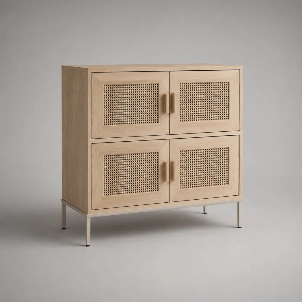 Credenza con 4 ante in rattan MDF effetto rovere chiaro gambe in acciaio verniciato beige forma rettangolare 100 x 35 x 90 cm