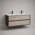Mobile bagno sospeso doppio lavabo 120 cm x 48 cm x 55 cm in MDF e truciolare con frontali beige struttura nera piano in ceramica bianca e rubinetti nero opaco