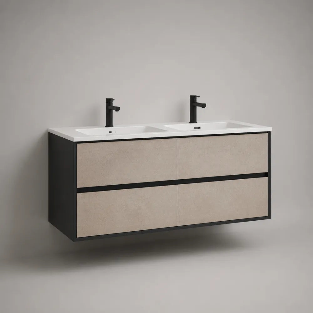 Mobile bagno sospeso doppio lavabo 120 cm x 48 cm x 55 cm in MDF e truciolare con frontali beige struttura nera piano in ceramica bianca e rubinetti nero opaco