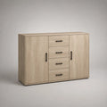 Credenza in MDF effetto rovere chiaro con 2 ante e 4 cassetti struttura rettangolare 160 cm x 40 cm x 80 cm