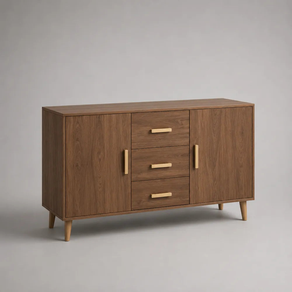 Credenza con ante e 3 cassetti MDF impiallacciato noce gambe in legno massello forma rettangolare 140 x 40 x 80 cm