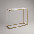 Consolle ingresso 120 cm x 30 cm x 80 cm in metallo verniciato oro con piano effetto marmo bianco forma rettangolare struttura a telaio aperto