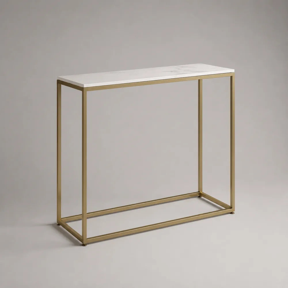 Consolle ingresso 120 cm x 30 cm x 80 cm in metallo verniciato oro con piano effetto marmo bianco forma rettangolare struttura a telaio aperto