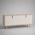 Credenza in MDF effetto rovere chiaro con 4 ante struttura rettangolare con gambe in legno naturale circa 160 cm x 40 cm x 80 cm