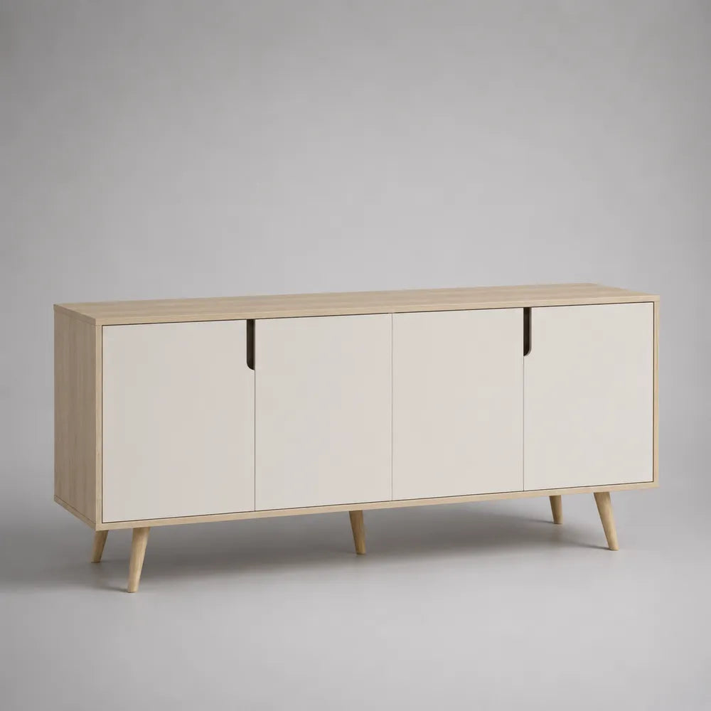 Credenza in MDF effetto rovere chiaro con 4 ante struttura rettangolare con gambe in legno naturale circa 160 cm x 40 cm x 80 cm