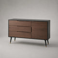 Credenza con 3 cassetti e 1 anta MDF impiallacciato noce struttura rettangolare 140 x 40 x 80 cm gambe in metallo nero e dettagli oro