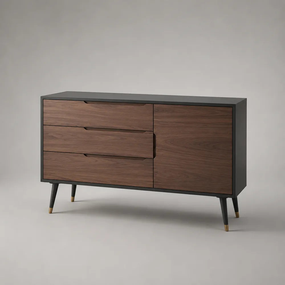 Credenza con 3 cassetti e 1 anta MDF impiallacciato noce struttura rettangolare 140 x 40 x 80 cm gambe in metallo nero e dettagli oro