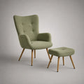 Poltrona da soggiorno con pouf in tessuto verde con gambe in legno massello schienale alto 75 x 85 x 105 cm