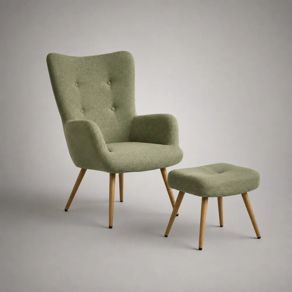 Poltrona da soggiorno con pouf in tessuto verde con gambe in legno massello schienale alto 75 x 85 x 105 cm