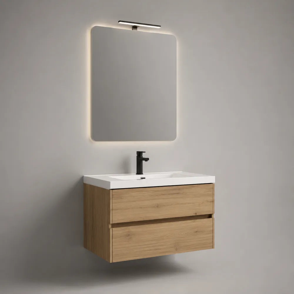 Mobile bagno sospeso 80 cm x 45 cm x 50 cm con lavabo in ceramica specchio LED contenitore MDF effetto rovere bianco nero rubinetto nero opaco