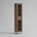 Vetrina alta con anta in vetro e cassetto MDF impiallacciato noce struttura rettangolare 40 x 40 x 180 cm gambe in legno massello