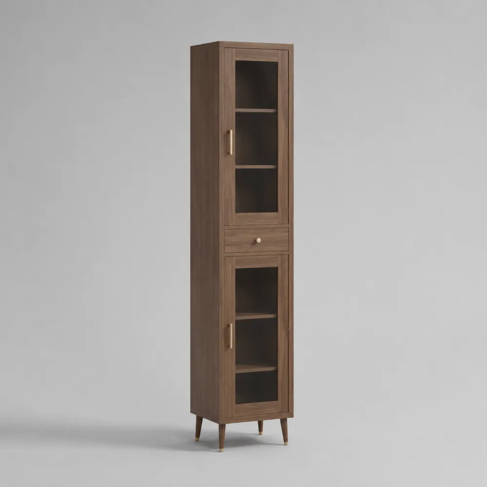 Vetrina alta con anta in vetro e cassetto MDF impiallacciato noce struttura rettangolare 40 x 40 x 180 cm gambe in legno massello