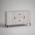 Credenza con 2 ante e 2 cassetti MDF effetto rovere grigio chiaro struttura rettangolare 160 x 40 x 80 cm gambe in metallo nero