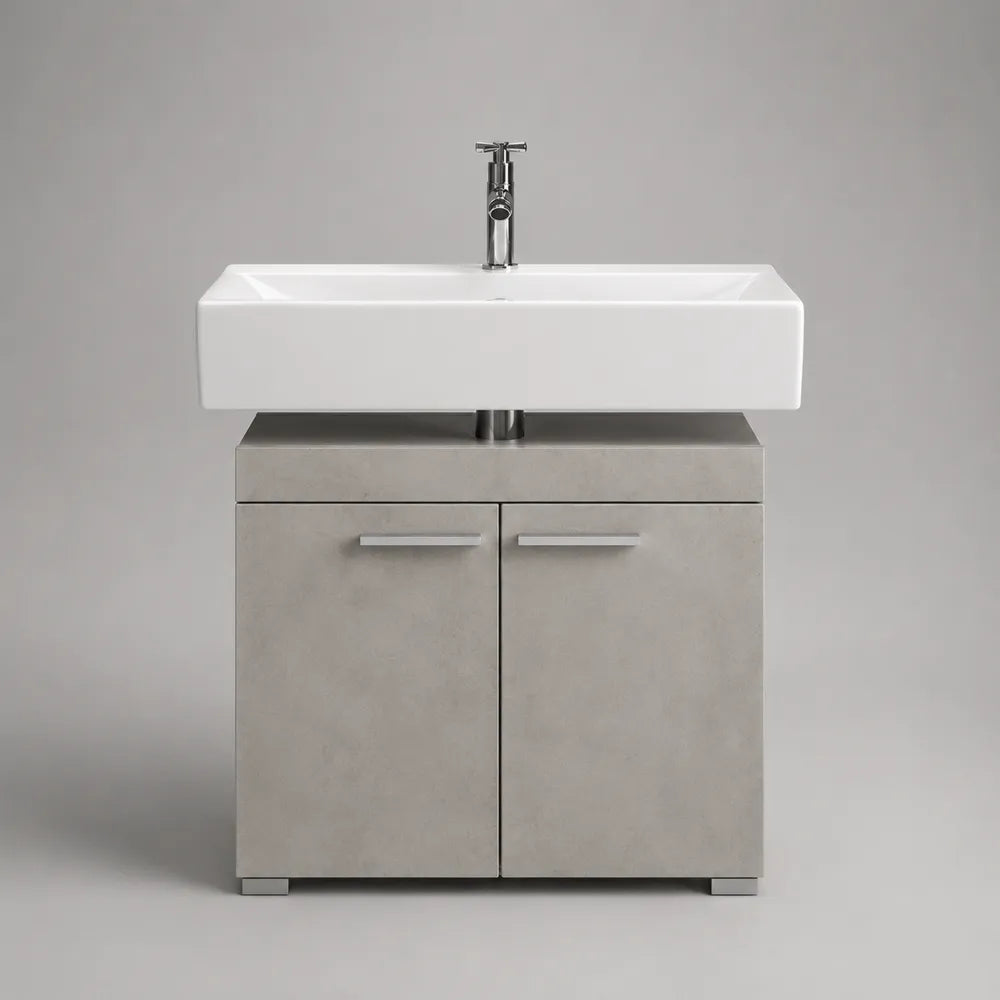 Mobile bagno sottolavabo 80 cm x 46 cm x 55 cm con lavabo rettangolare in ceramica bianca e miscelatore cromato struttura in MDF effetto grigio cemento con due ante