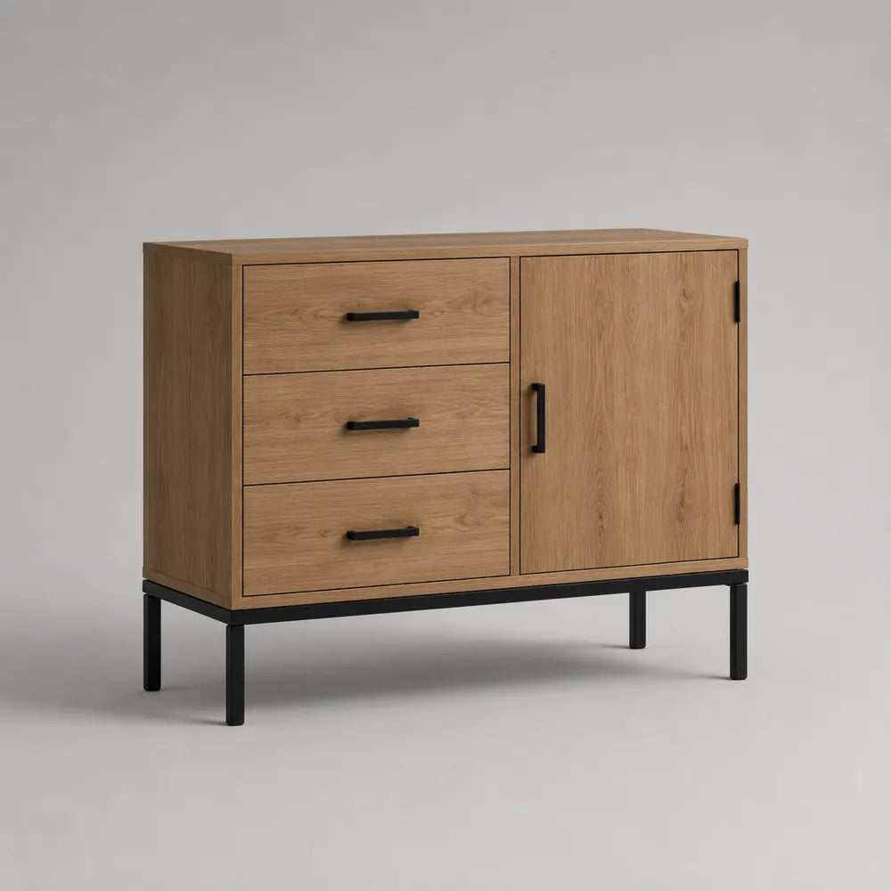 Credenza con 3 cassetti e 1 anta MDF effetto rovere naturale struttura rettangolare 140 x 40 x 80 cm gambe in metallo nero